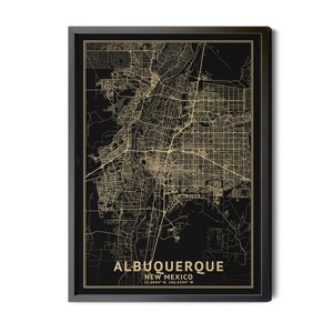 Albuquerque New Mexico Map, Black, High Resolution Real Gold Leaf Texture, Coordinates, Map of Albuquerque, Perfect Details, Printable