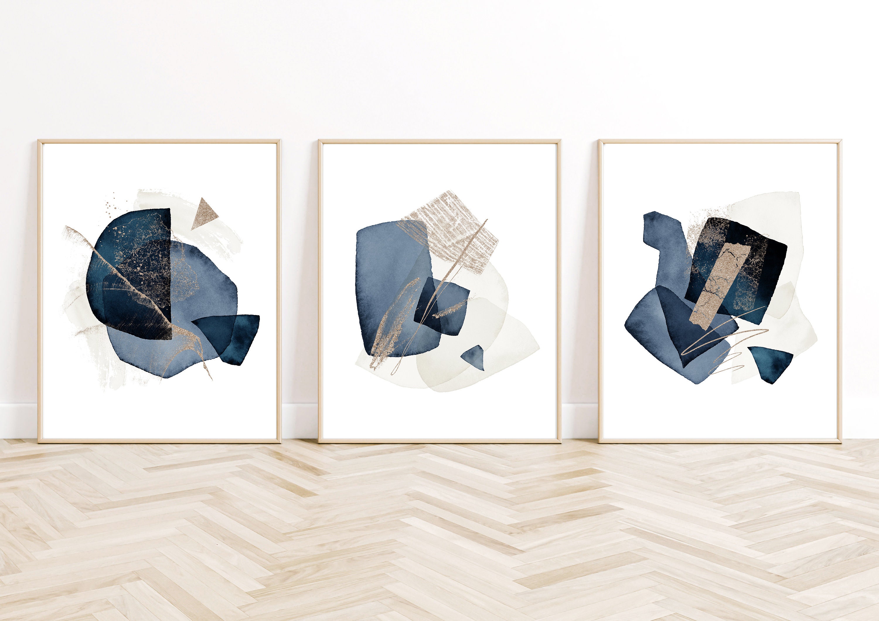 3 Piece Wall Art, Navy Blue Printable Wall Art, Watercolor Abstract ...