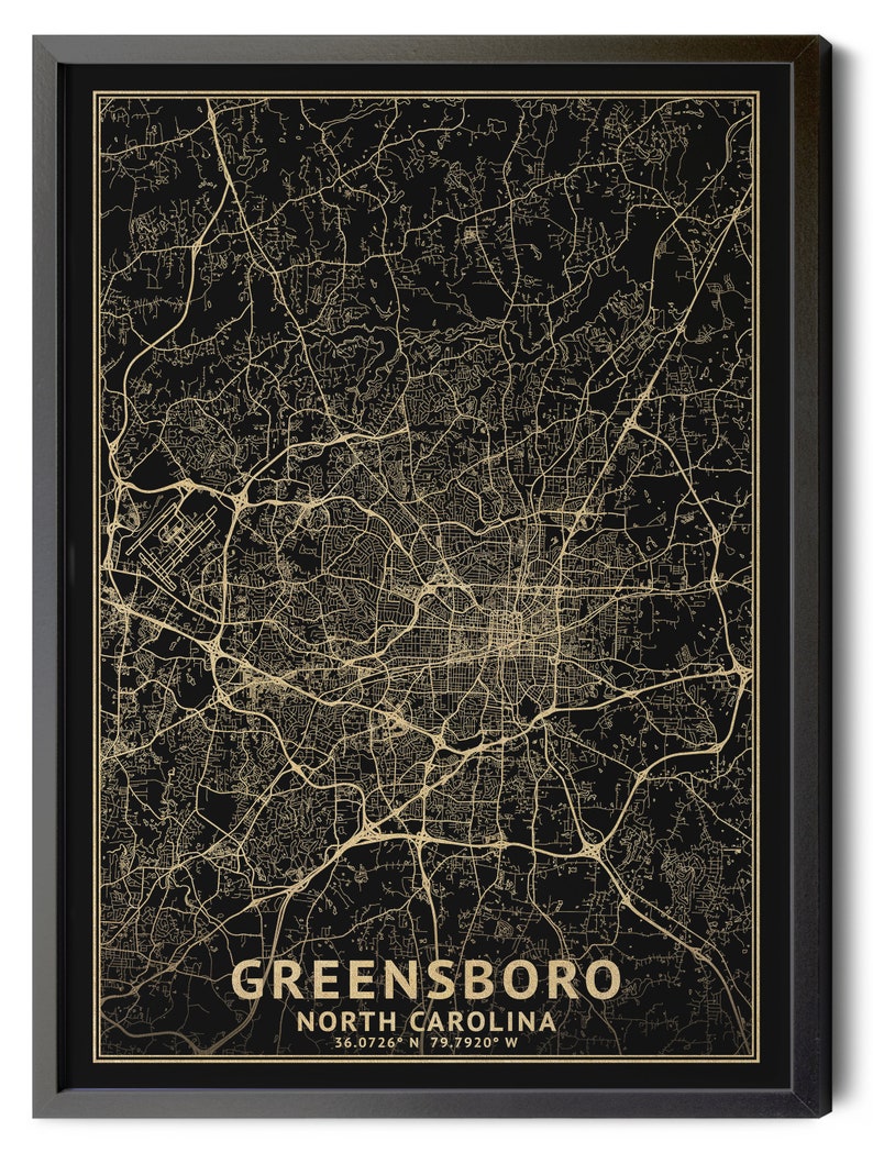 Greensboro North Carolina Map, Black, High Resolution Real Gold Leaf Texture, Coordinates, Map ...