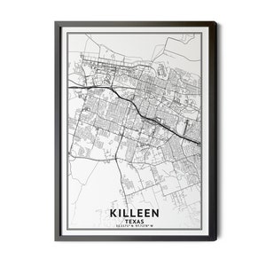 Killeen Texas Map, Black and White, Coordinates, Map of Killeen, Killeen TX, City Street Map, Map Art, Perfect Details, Printable