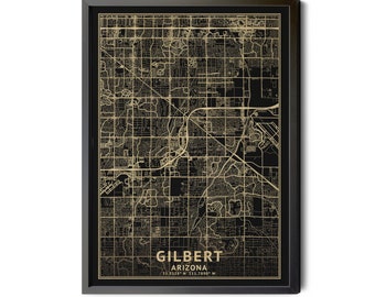 Gilbert Arizona Map, Black, High Resolution Real Gold Leaf Texture, Coordinates, Map of Gilbert, Gilbert AZ, Perfect Details, Printable