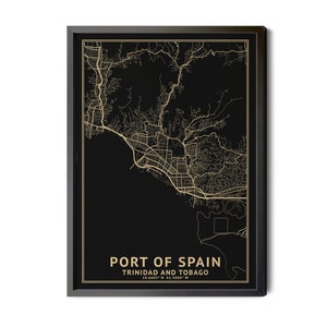 Port of Spain Trinidad and Tobago, Map, Black, High Resolution Real Gold Leaf Texture, Coordinates, City Map, Perfect Details, Printable