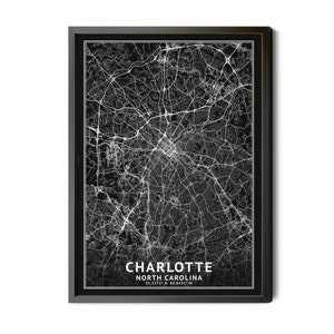 Charlotte North Carolina Map, Black and White, Inverted, Coordinates, Map of Charlotte, Charlotte NC, City Map, Perfect Details, Printable