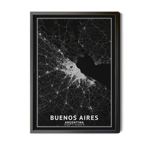 May include: Black framed print of Buenos Aires, Argentina. The map shows the city's layout in white lines against a black background. The city name and country are displayed in white text at the bottom, along with the coordinates.