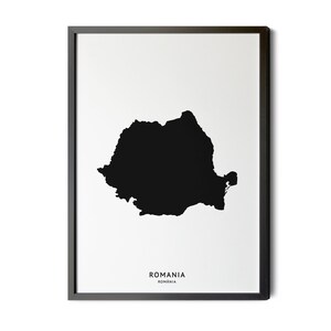 Romania România Map, Black and White, Minimalist, English and Native Country Name, RO, ROU, Map Print, Map Poster, Silhouette, Printable