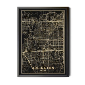 Arlington Texas Map, Black, High Resolution Real Gold Leaf Texture, Coordinates, Map of Arlington, Arlington TX, Perfect Details, Printable