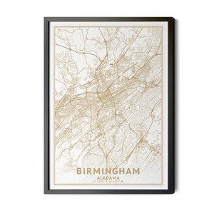Birmingham Alabama Map, High Resolution Real Gold Leaf Texture, Coordinates, Map of Birmingham, Birmingham AL, Perfect Details, Printable
