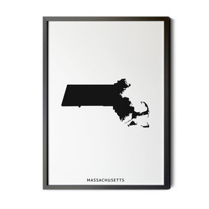 Massachusetts Map, Black and White, Minimalist, Massachusetts Wall Art, Map of Massachusetts, Massachusetts State Map, Silhouette, Printable
