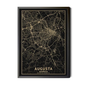 Augusta Georgia Map, Black, High Resolution Real Gold Leaf Texture, Coordinates, Map of Augusta, Augusta GA, Perfect Details, Printable