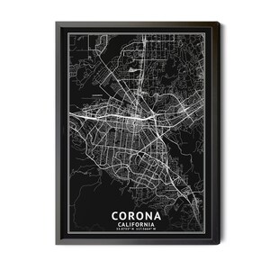 Corona California Map, Black and White, Inverted, Coordinates, Map of Corona, Corona CA, Map Art, City Map, Perfect Details, Printable