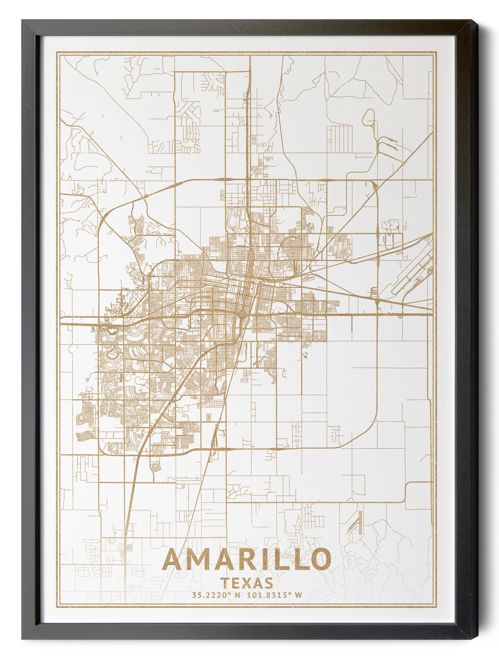 Amarillo Texas Map, High Resolution Real Gold Leaf Texture, Coordinates