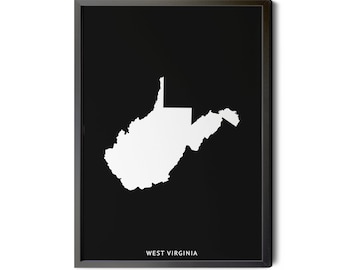 West Virginia Map, Black and White, Inverted, Minimalist, West Virginia Wall Art, West Virginia Poster, WV Map, Silhouette, Printable