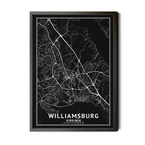 Williamsburg Virginia Map, Black and White, Inverted, Coordinates, Map of Williamsburg, Williamsburg VA, Perfect Details, Printable