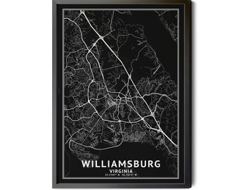 Williamsburg Virginia Map, Black and White, Inverted, Coordinates, Map of Williamsburg, Williamsburg VA, Perfect Details, Printable