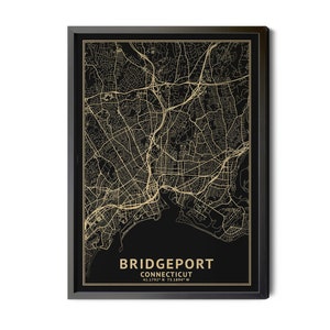 Bridgeport Connecticut Map, Black, High Resolution Real Gold Leaf Texture, Coordinates, Map of Bridgeport, Perfect Details, Printable