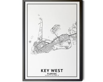 Key West Florida Map, Black and White, Coordinates, Map of Key West, Key West FL, City Street Map, Map Art, Perfect Details, Printable