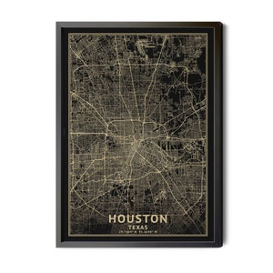 Houston Texas Map, Black, High Resolution Real Gold Leaf Texture, Coordinates, Map of Houston, Houston TX, Perfect Details, Printable