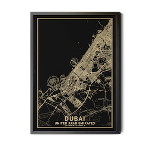 Dubai United Arab Emirates Map, Black,  High Resolution Real Gold Leaf Texture,  Coordinates, Map of Dubai UAE, Perfect Details, Printable