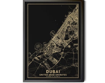 Dubai United Arab Emirates Map, Black,  High Resolution Real Gold Leaf Texture,  Coordinates, Map of Dubai UAE, Perfect Details, Printable