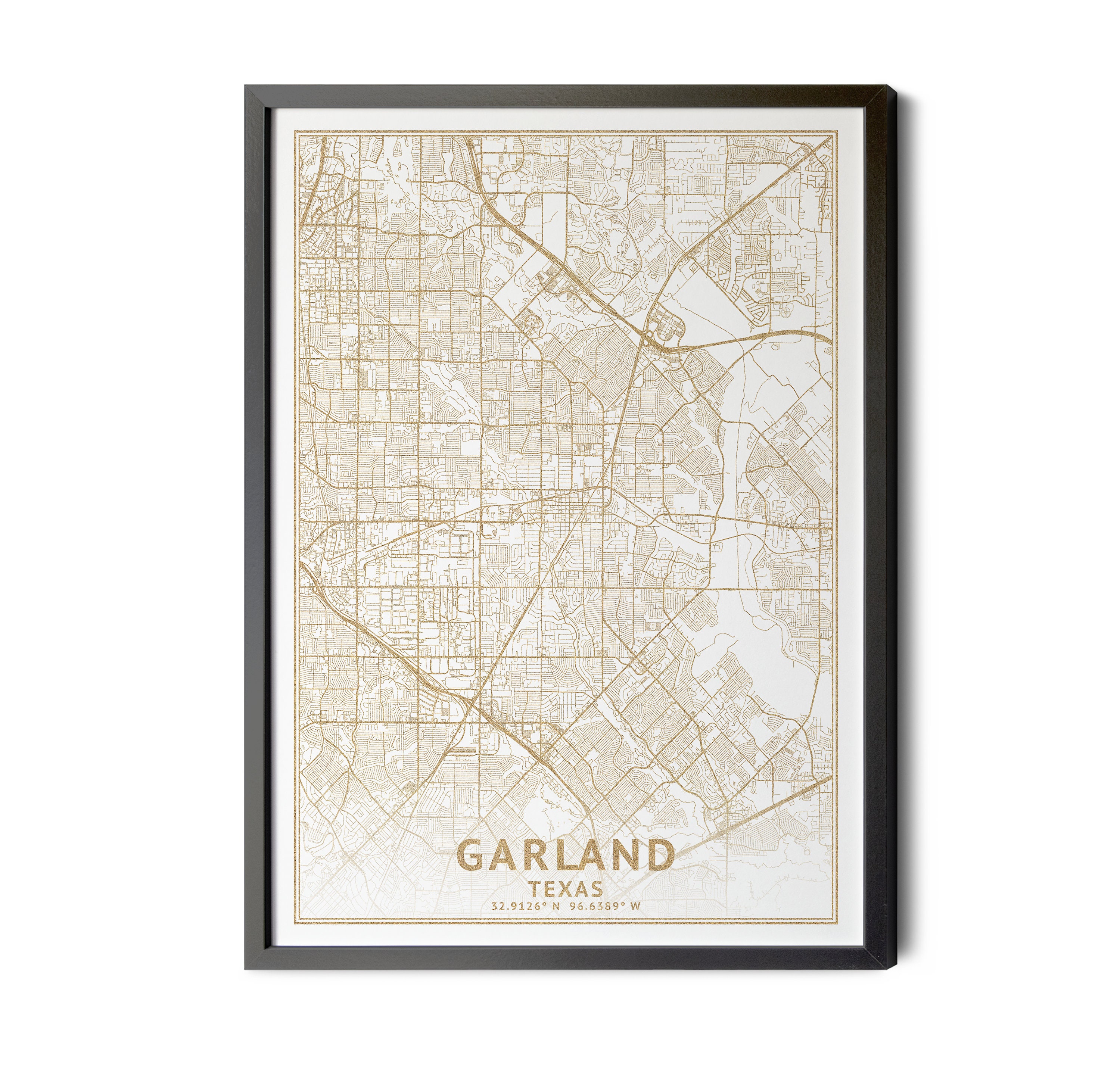 Garland Texas Map, High Resolution Real Gold Leaf Texture, Coordinates, Map of Garland, Garland TX, City Map, Perfect Details, Printable