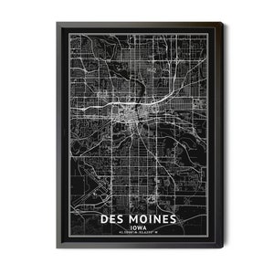 Des Moines Iowa Map, Black and White, Inverted, Coordinates, Map of Des Moines, Des Moines IA, Map Art, City Map, Perfect Details, Printable
