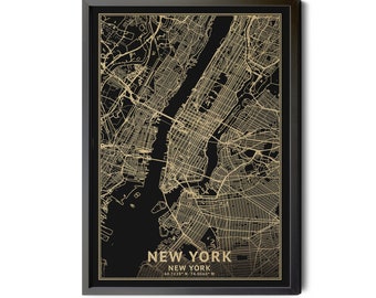 New York City Map, Black, High Resolution Real Gold Leaf Texture, Coordinates, New York City Poster, Map of NYC, City Street Map, Printable