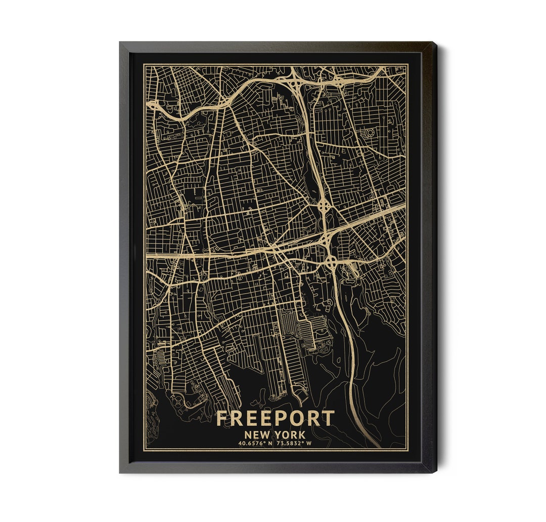 Freeport New York Map, Black, High Resolution Real Gold Leaf Texture