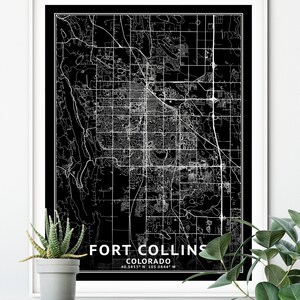 Fort Collins Colorado Map, Black and White, Inverted, Coordinates, Map ...