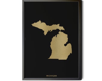 Gold Foil Michigan Map Art, Black Silhouette (Printable)