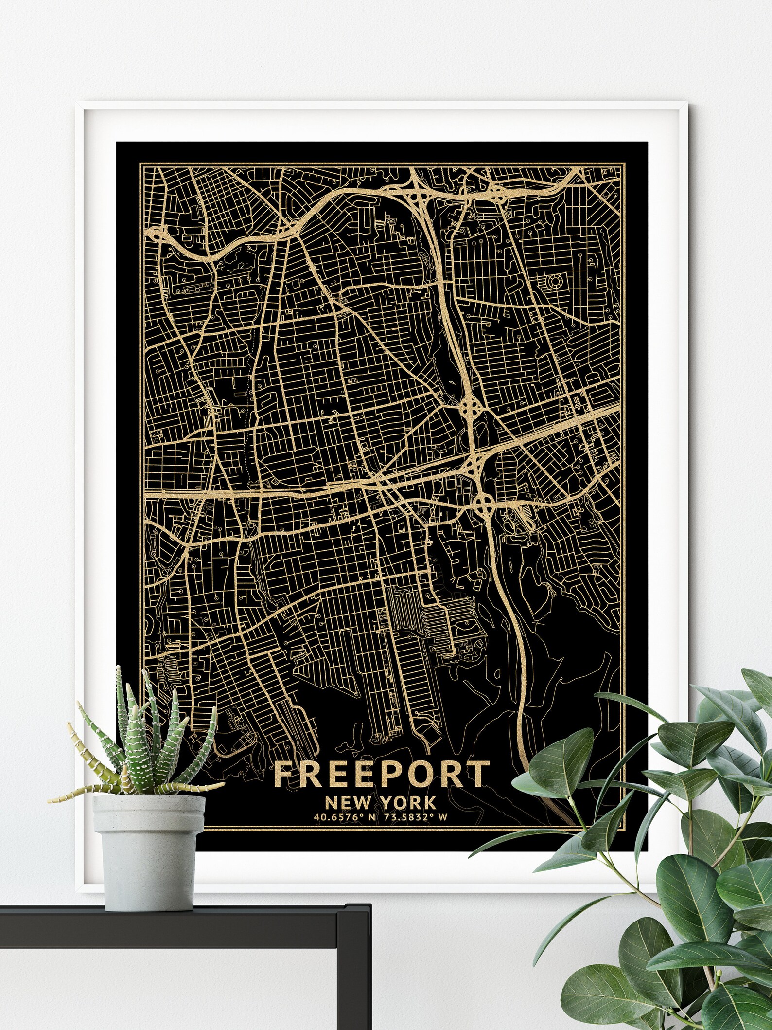 Freeport New York Map, Black, High Resolution Real Gold Leaf Texture