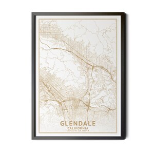 Glendale California Map, High Resolution Real Gold Leaf Texture, Coordinates, Map of Glendale, Glendale CA, Perfect Details, Printable