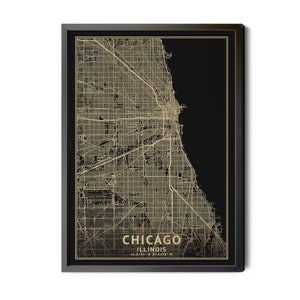Chicago Map, Black, Gold, High Resolution Real Gold Leaf Texture, Coordinates, Chicago Illinois Map of Chicago, Perfect Details, Printable