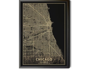 Chicago Map, Black, Gold, High Resolution Real Gold Leaf Texture, Coordinates, Chicago Illinois Map of Chicago, Perfect Details, Printable
