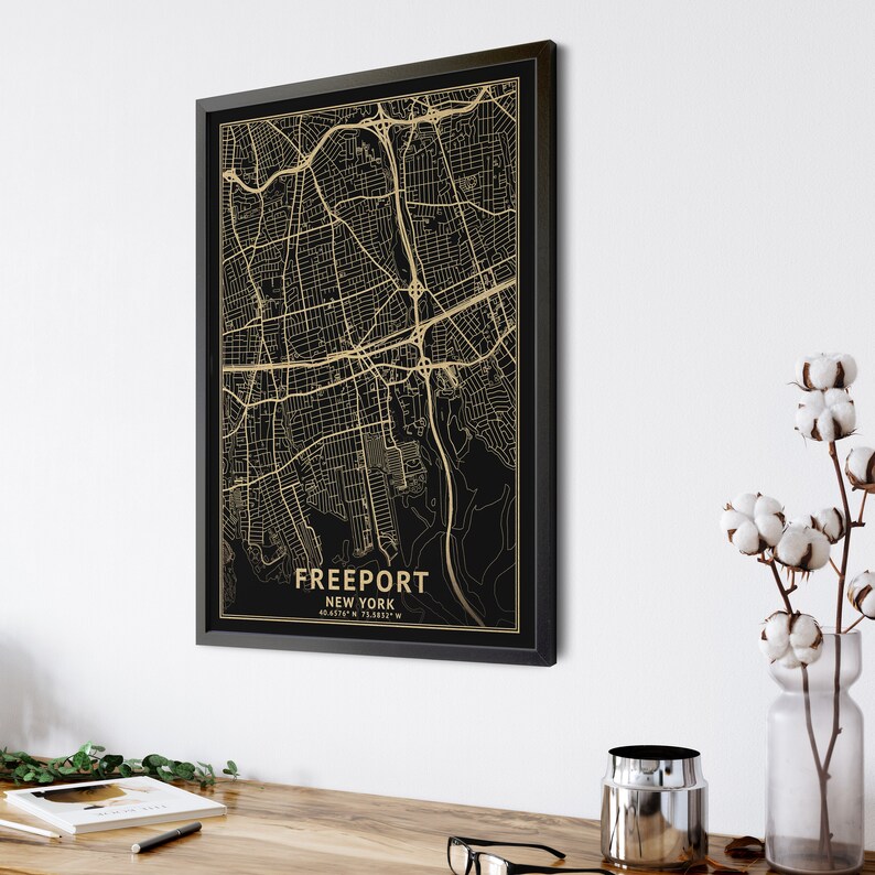 Freeport New York Map, Black, High Resolution Real Gold Leaf Texture