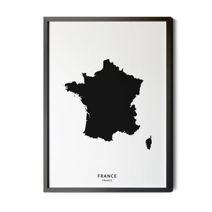 France Map, Black and White, Minimalist, English and Native Country Name, FR, FRA, France Map Print, Map Art, Silhouette, Printable