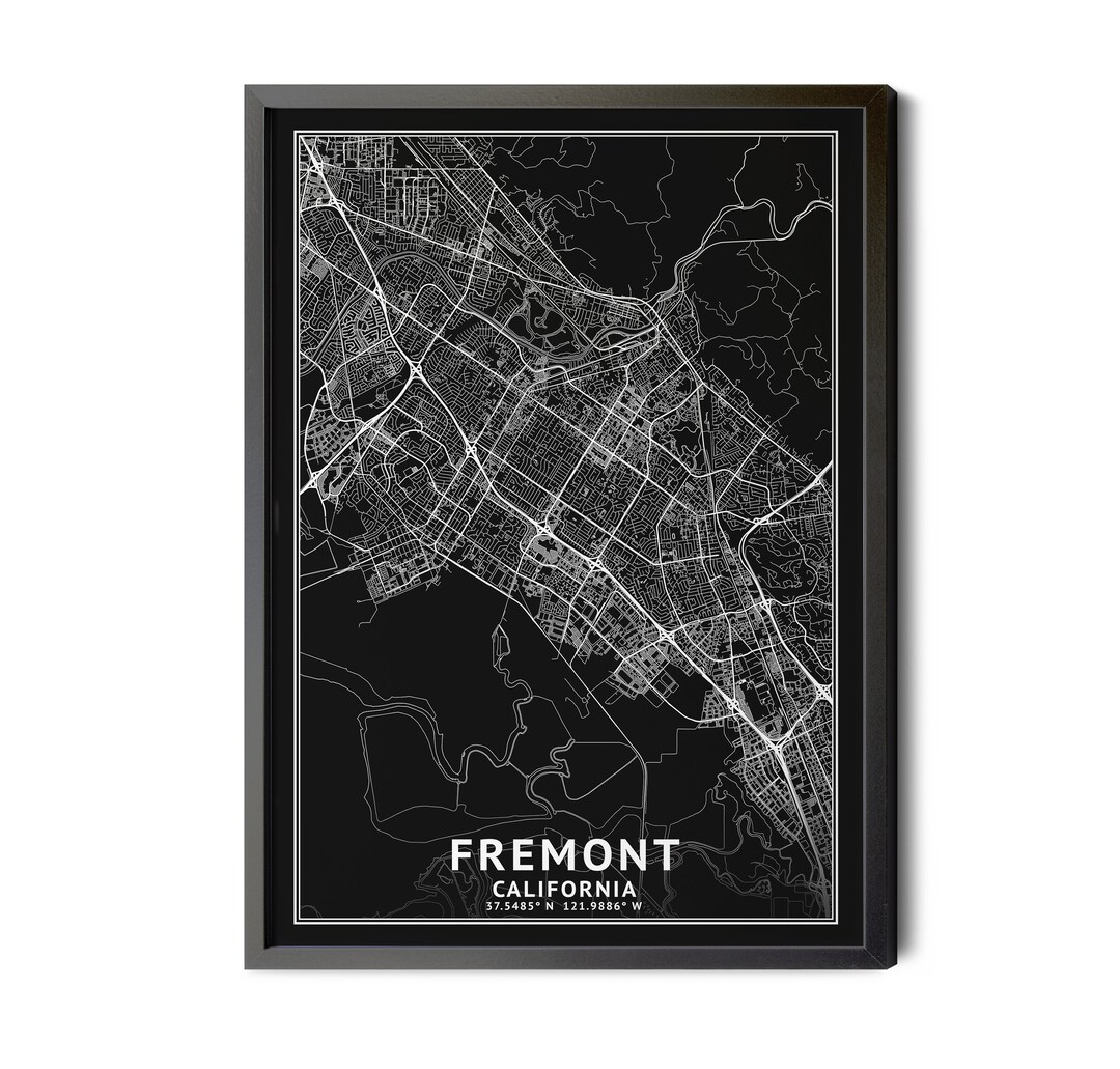 Fremont California Map, Black and White, Inverted, Coordinates, Map of ...