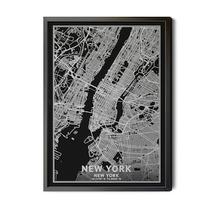 New York City Map, Black, High Resolution Real Silver Leaf Texture, Coordinates, New York Poster, Map of NYC, City Street Map, Printable
