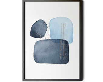 Watercolor Abstract, Navy Blue Wall Art, Gold Foil Texture, Watercolor Shapes, Modern Art Print, Printable, up to Large Wall Decor Sizes