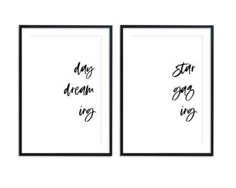 Calligraphy brush wall art (set of 2) Daydreaming, stargazing, word wall art, minimalist wall art, scandinavian decor. DIGITAL DOWNLOAD