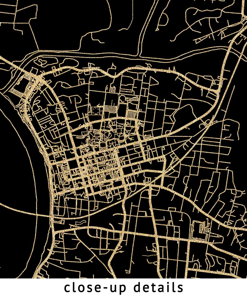 Clarksville Tennessee Map, Black, High Resolution Real Gold Leaf ...