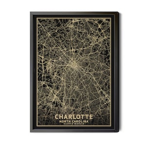 Charlotte North Carolina Map, Black, High Resolution Real Gold Leaf Texture, Coordinates, Map of Charlotte, Perfect Details, Printable