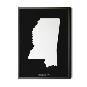 Mississippi Map, Black and White, Inverted, Minimalist, Mississippi Wall Art, Map of Mississippi, State Map, MS Map, Silhouette, Printable