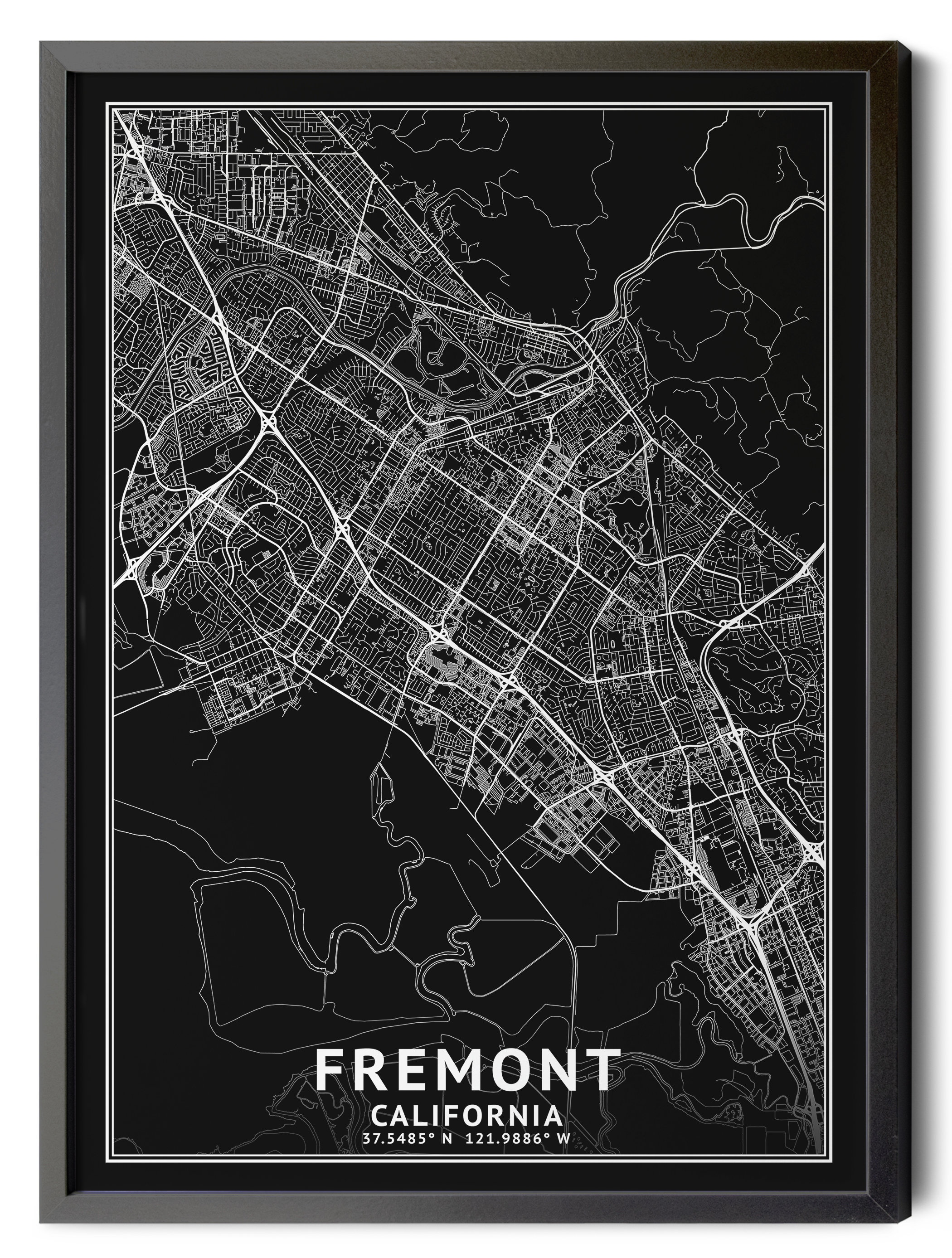 Fremont California Map, Black and White, Inverted, Coordinates, Map of ...