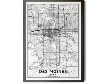 Des Moines Iowa Map Art: Black and White City Street Design (Printable)