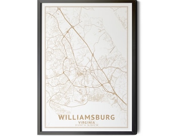 Williamsburg Virginia Map, High Resolution Real Gold Leaf Texture, Coordinates, Map of Williamsburg VA, City Map, Perfect Details, Printable
