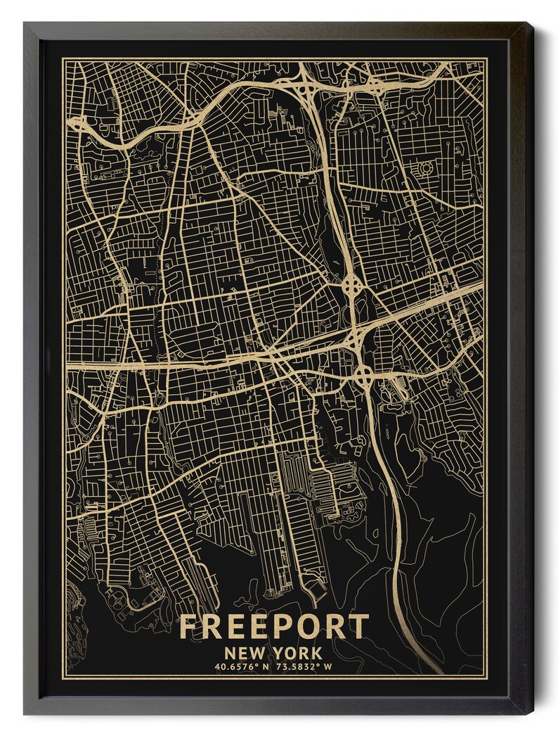 Freeport New York Map, Black, High Resolution Real Gold Leaf Texture