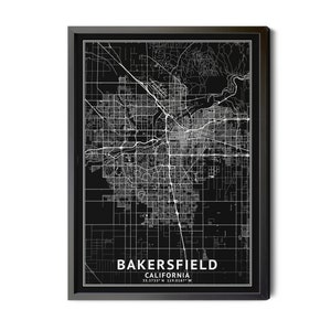 Bakersfield California Map, Black and White, Inverted, Coordinates, Map of Bakersfield, Bakersfield CA, Map Art, Perfect Details, Printable