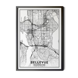 Bellevue Washington Map, Black and White, Coordinates, Map of Bellevue, Bellevue WA, Map Art, City Street Map, Perfect Details, Printable