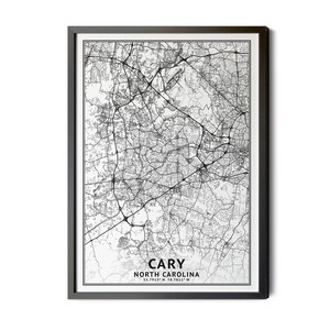 Cary North Carolina Map, Black and White, Coordinates, Map of Cary, Cary NC, Map Art, City Map ...