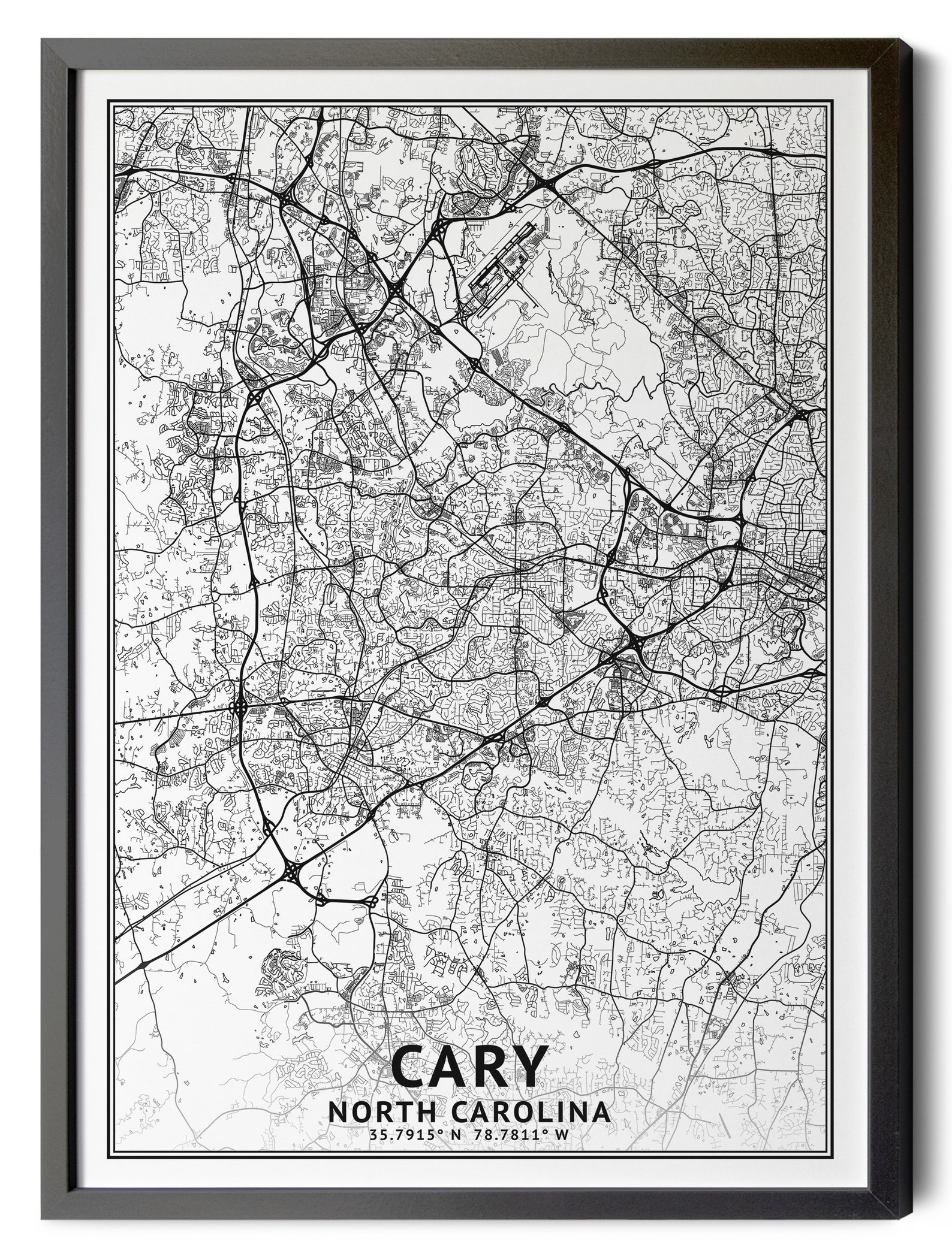 Cary North Carolina Map, Black and White, Coordinates, Map of Cary